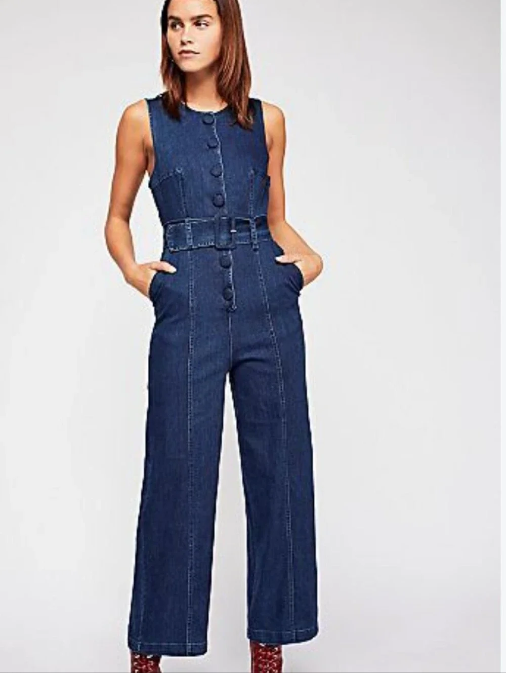Free People Stretch Denim Buttondown Jumpsuit Blue Size 0 *no Belt